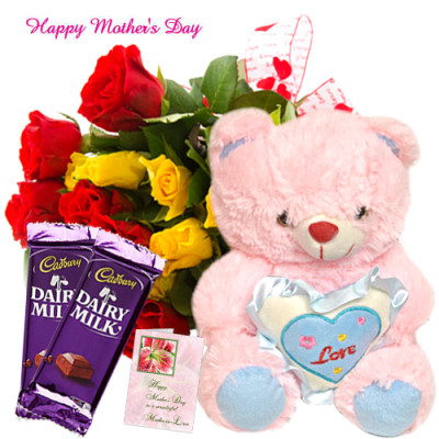 Wonderful Gift for Mom - Bunch of 20 Red & Yellow Roses, Teddy with Heart 6 inch, 2 Dairy Milk